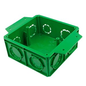 Caja Poliflex Verde 1" con aletas integradas para instalaciones rápidas en tabla roca. Postes aislados