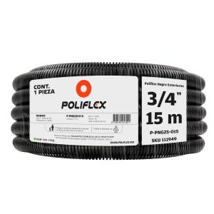 Poliducto flexible negro 3/4" de 15m con protección UV. Ideal para jardines y uso bajo tierra (encofrado en concreto).