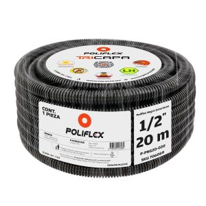Poliducto flexible negro 1/2" de 20m con protección UV. Ideal para jardines y uso bajo tierra (encofrado en concreto).